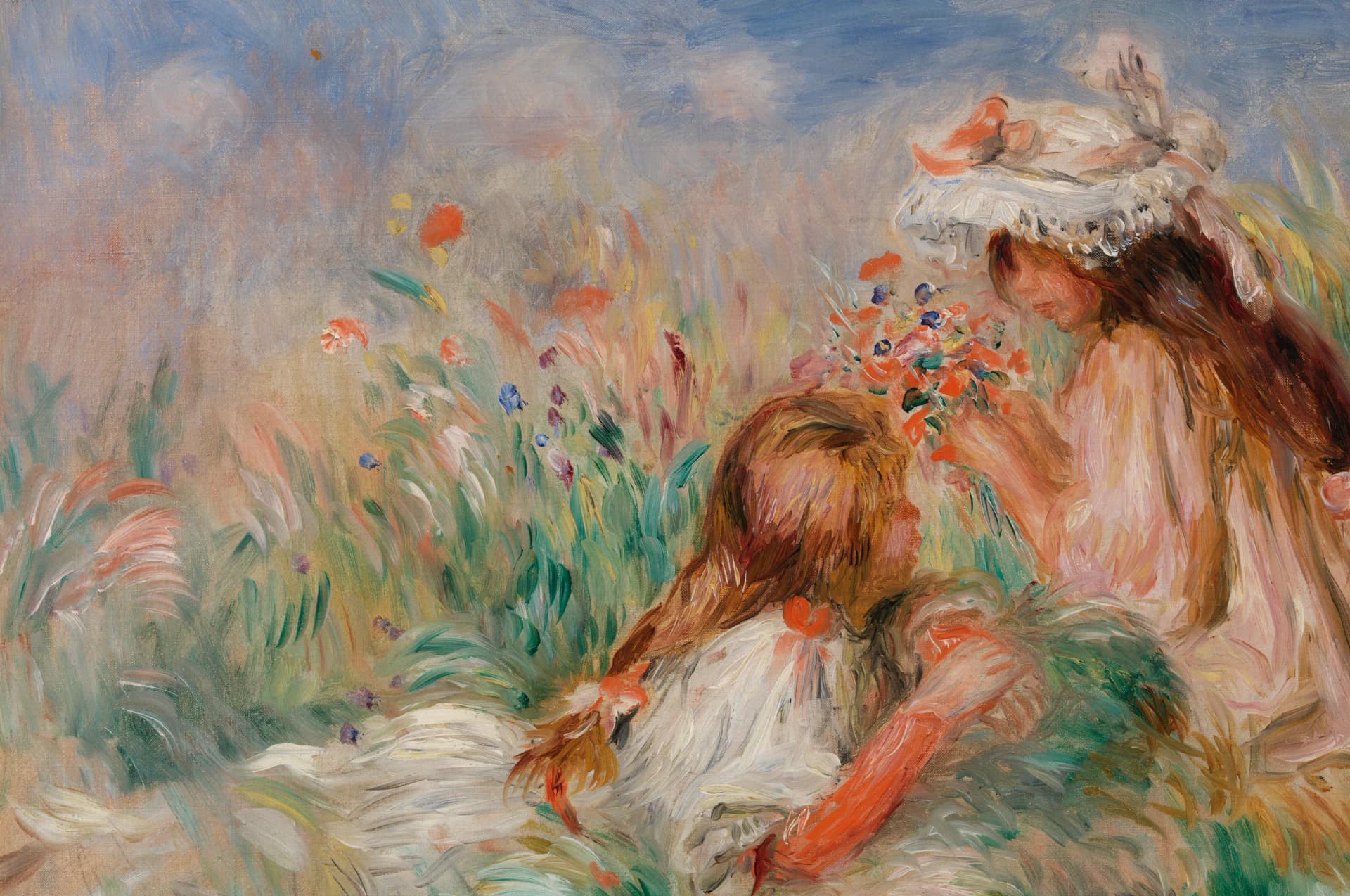 Fillette couchée sur l'herbe et jeune fille arrangeant un bouquet – Pierre-Auguste Renoir
