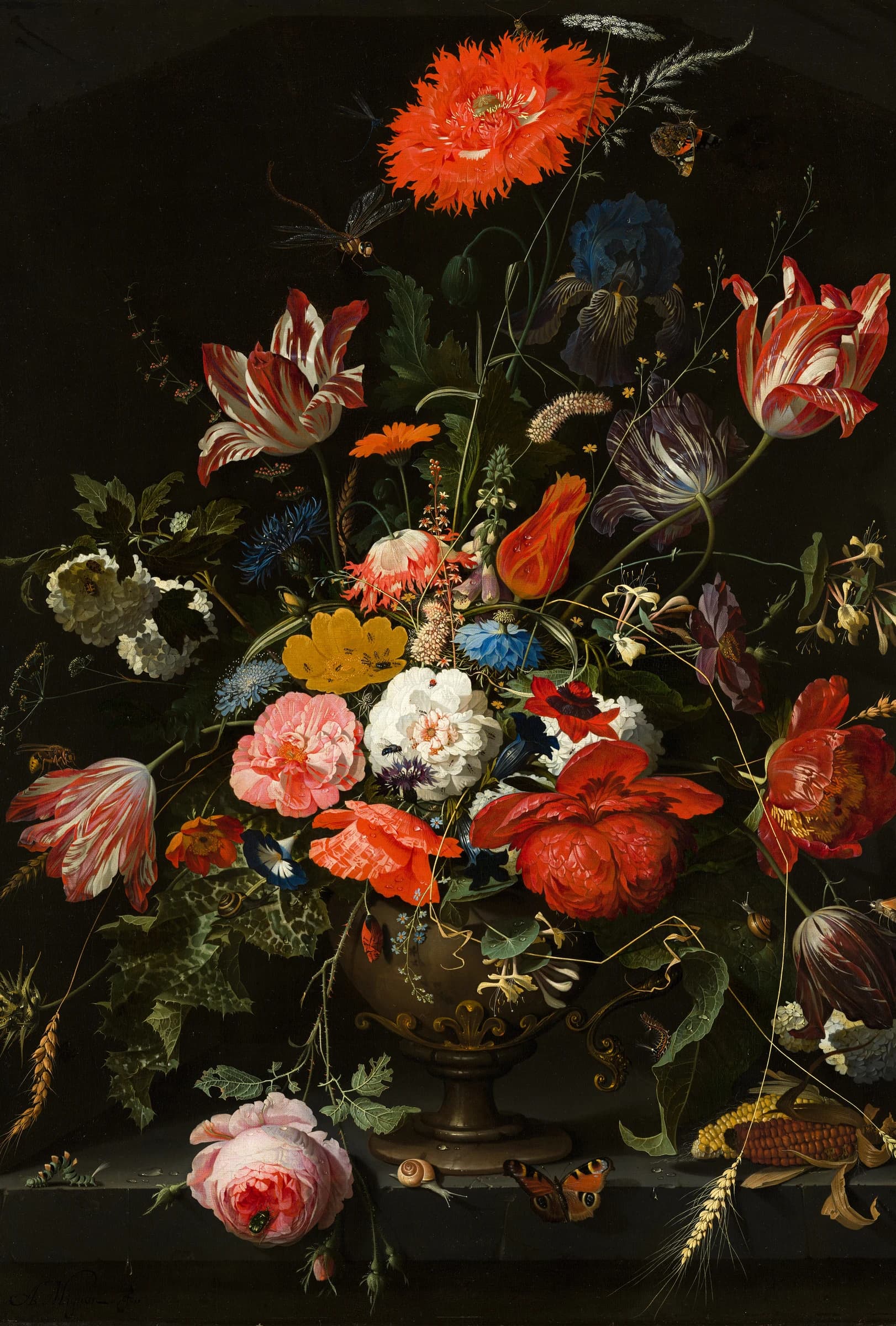 Bloemen in een metalen vaas – Abraham Mignon