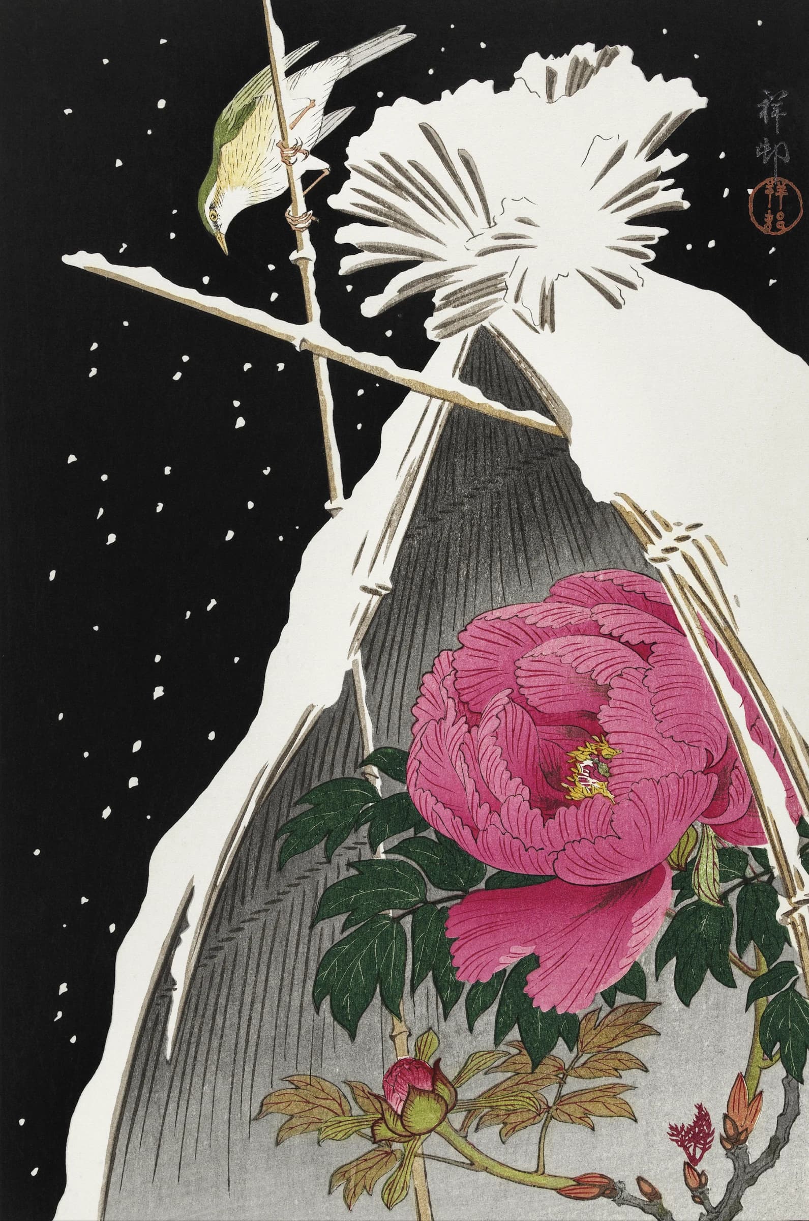 Siberische Blauwchat naast een pioenroos – Ohara Koson