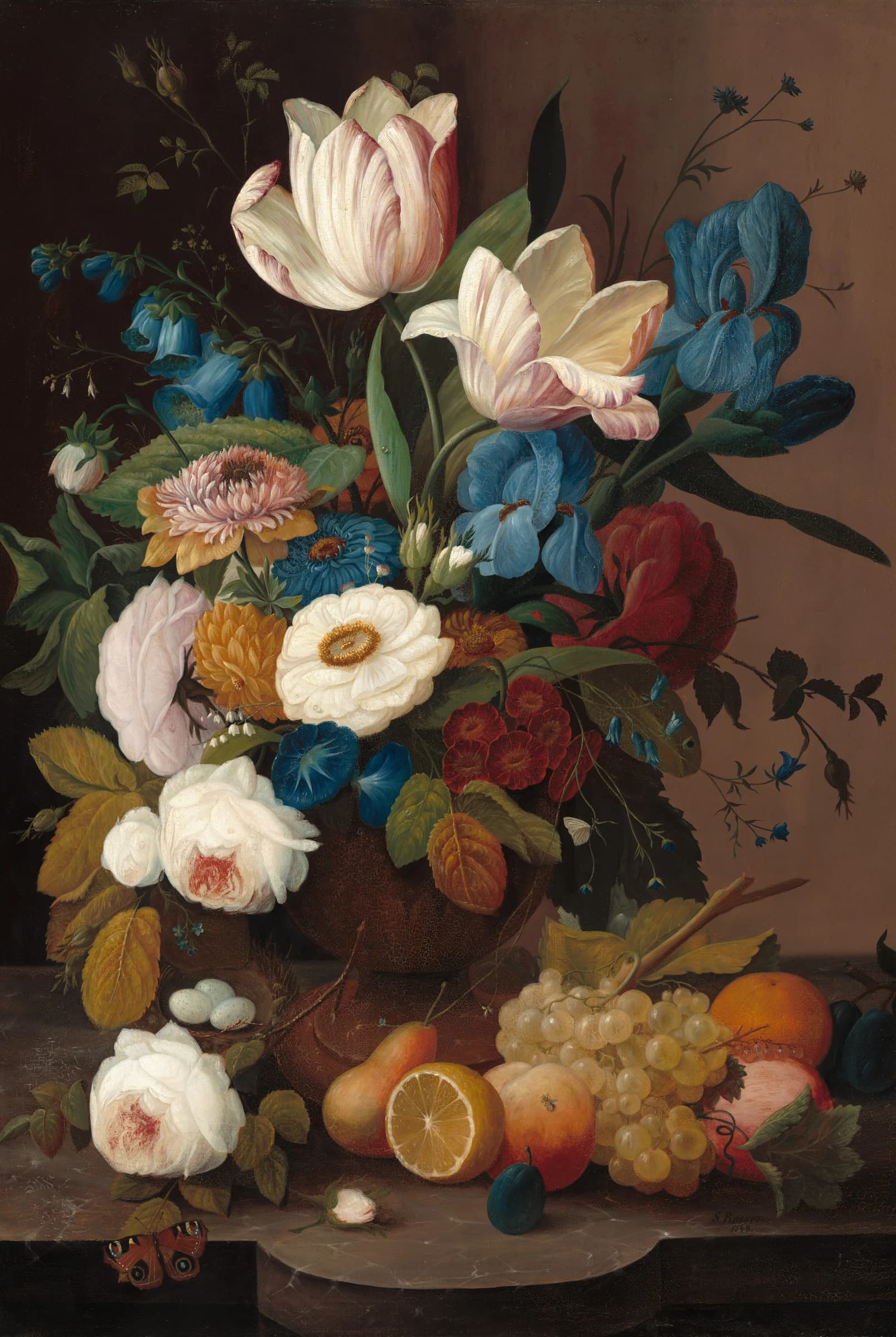 Stilleven met bloemen en fruit – Severin Roesen