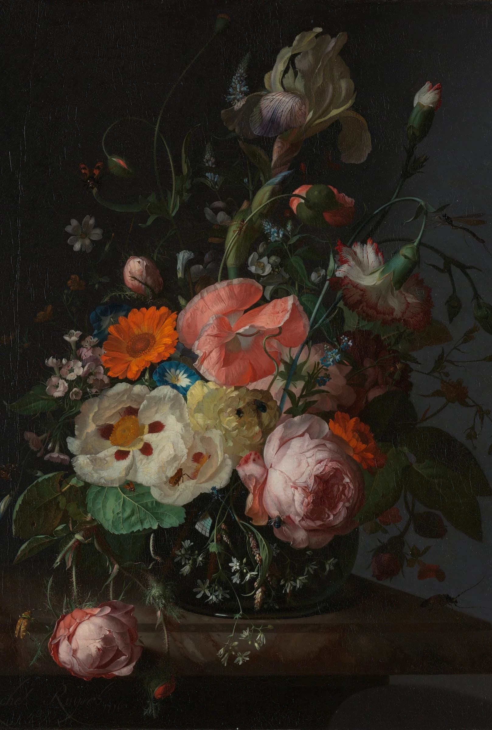 Stilleven met bloemen in een glazen vaas – Rachel Ruysch