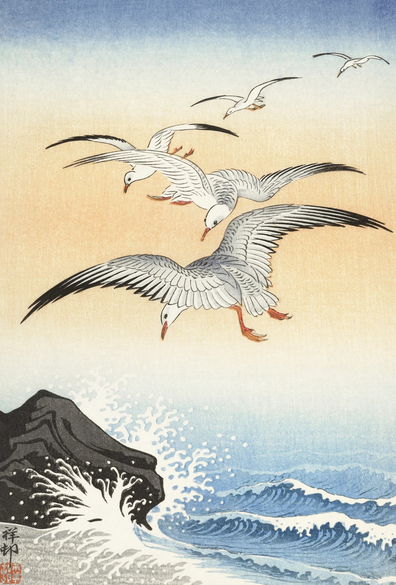 Vijf zilvermeeuwen boven een turbulente zee – Ohara Koson