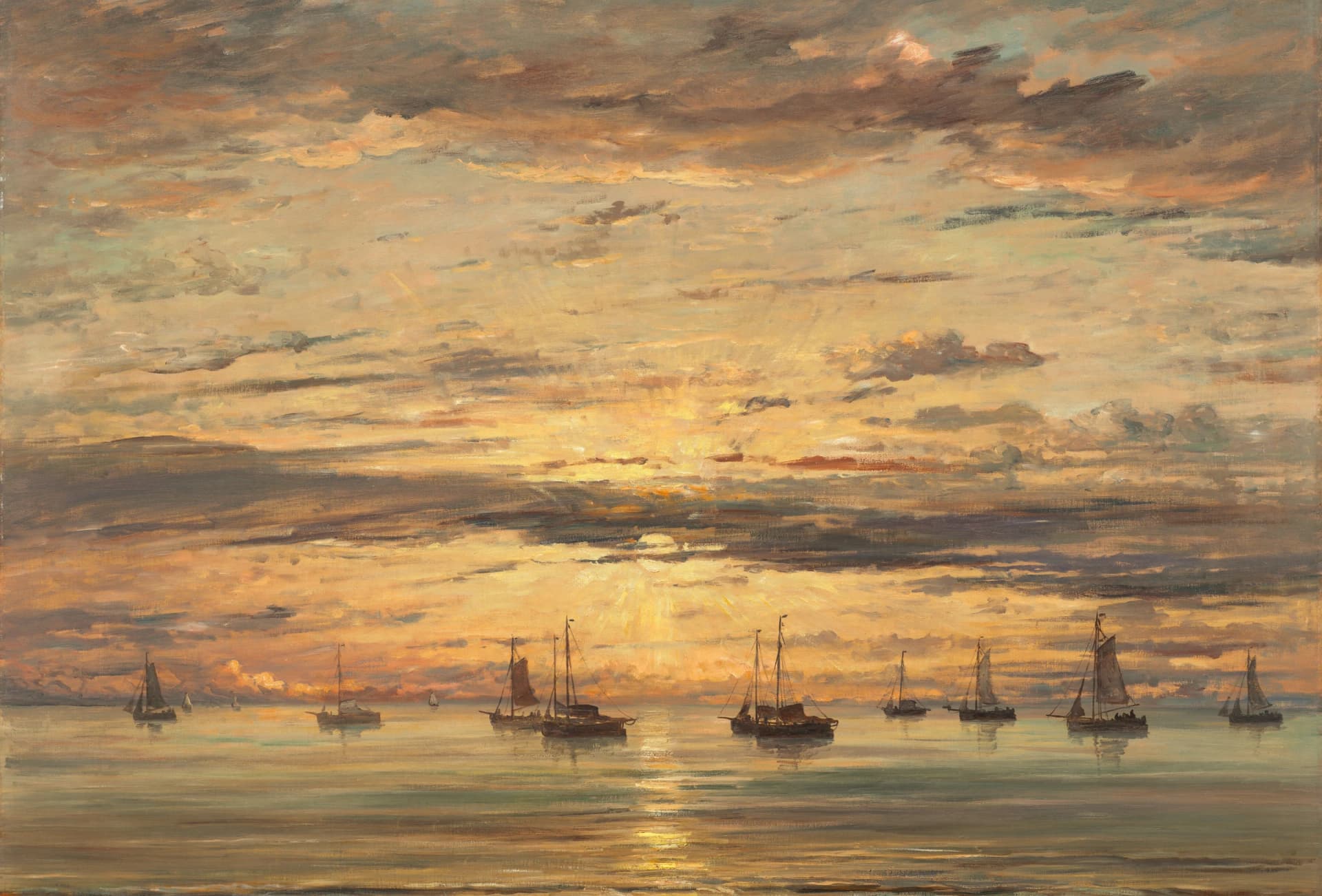 Zonsondergang bij Scheveningen: Een Vloot van Vissersschepen voor Anker – Hendrik Willem Mesdag