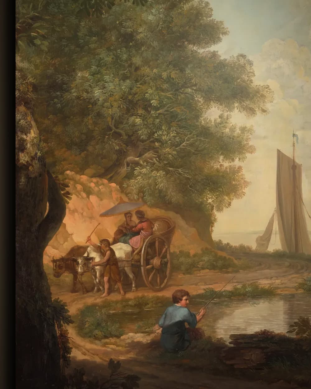 Materiaal en afwerking van Arcadisch landschap met figuren bij een rivieroever in het wisselframe