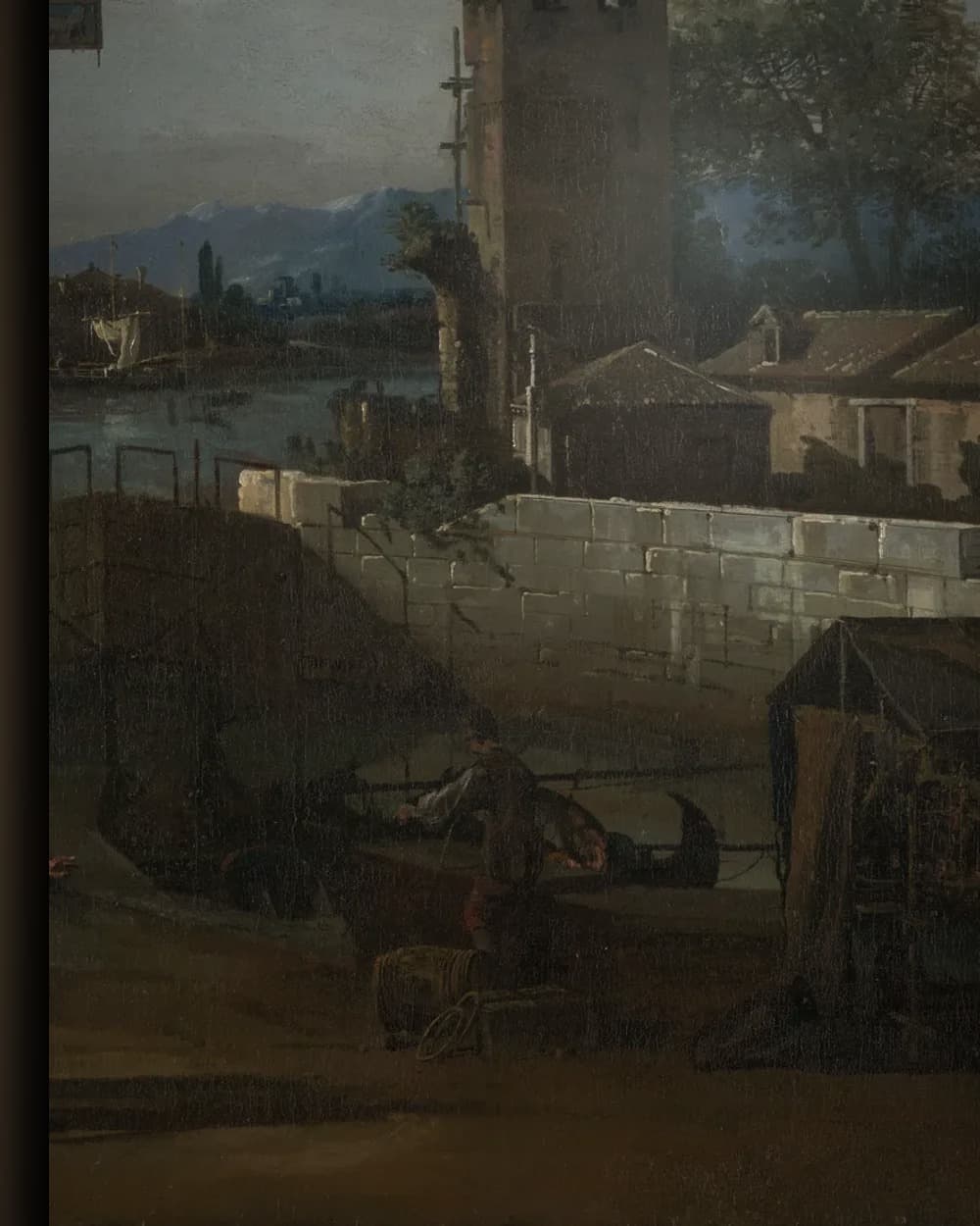 Materiaal en afwerking van Stadsgezicht aan de rivier met brug in het wisselframe