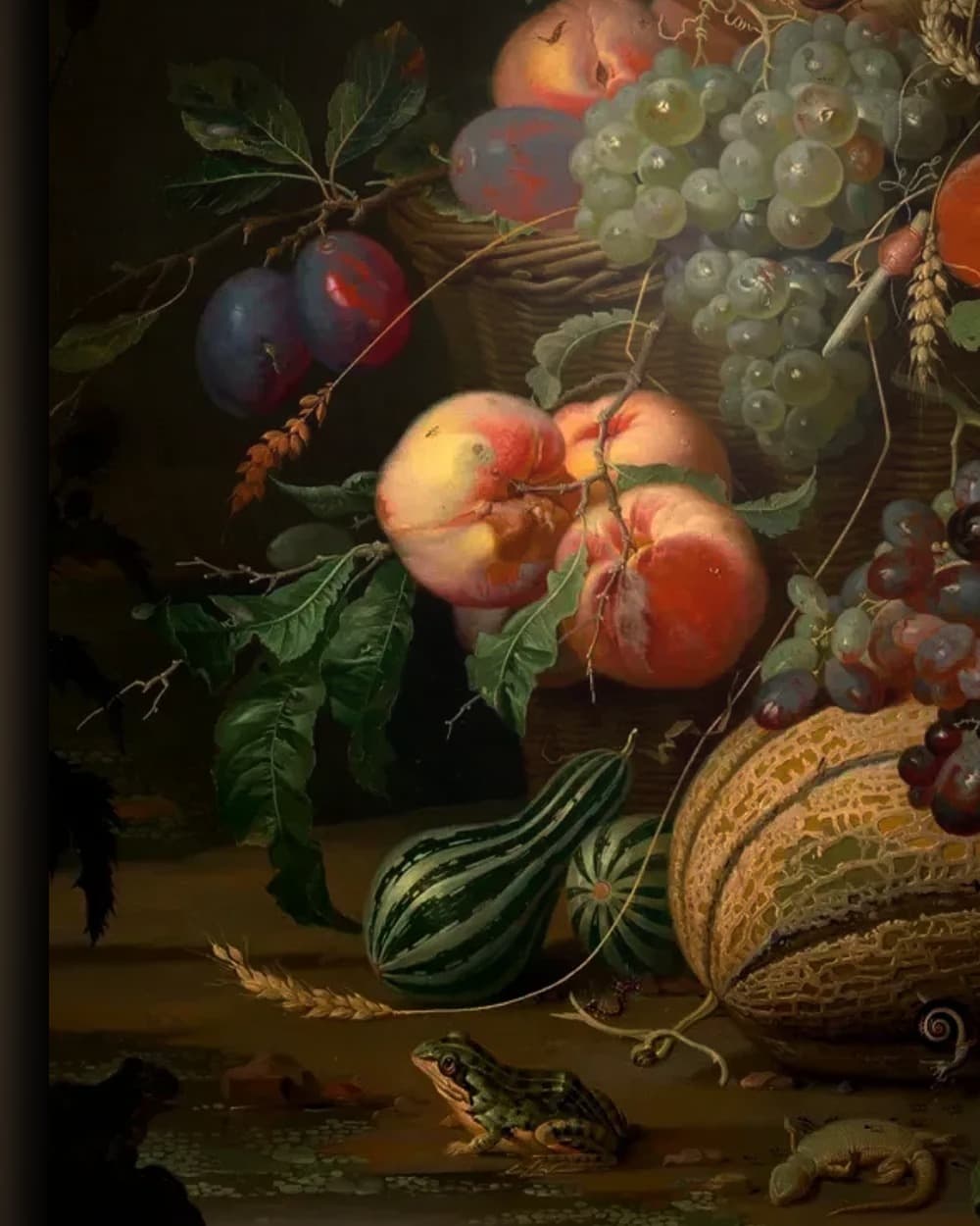 Materiaal en afwerking van Stilleven met fruit, vissen en vogels in het wisselframe