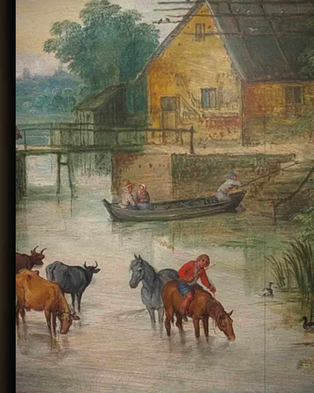 Materiaal en afwerking van Rivierlandschap met huisjes en vee in het wisselframe
