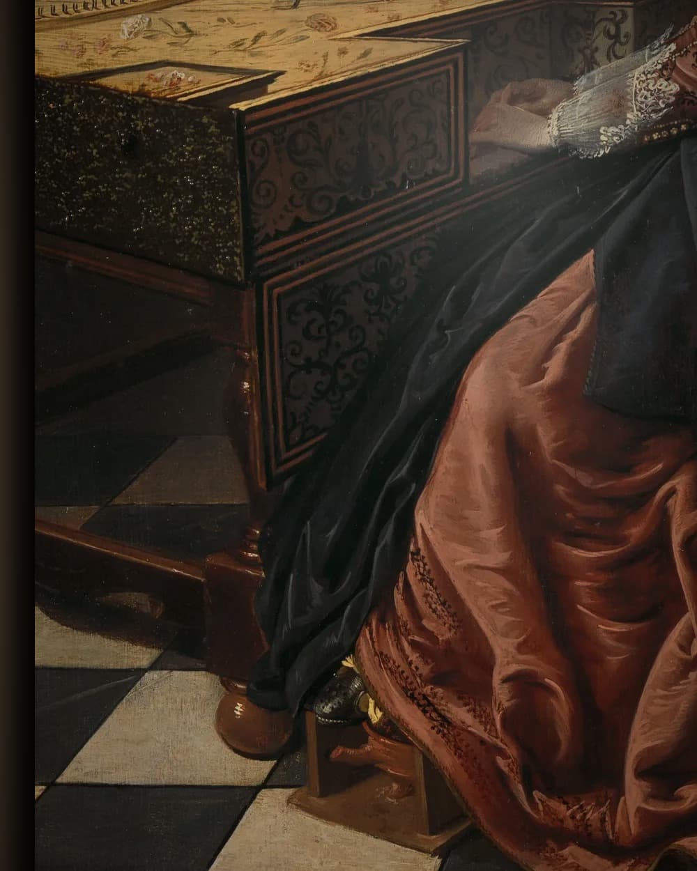 Materiaal en afwerking van De virginaalspeelster in het wisselframe