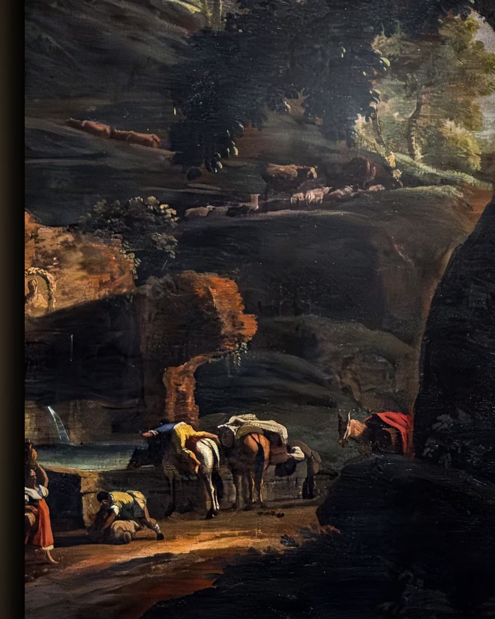 Materiaal en afwerking van Boslandschap met reizigers en ruïnes in het wisselframe
