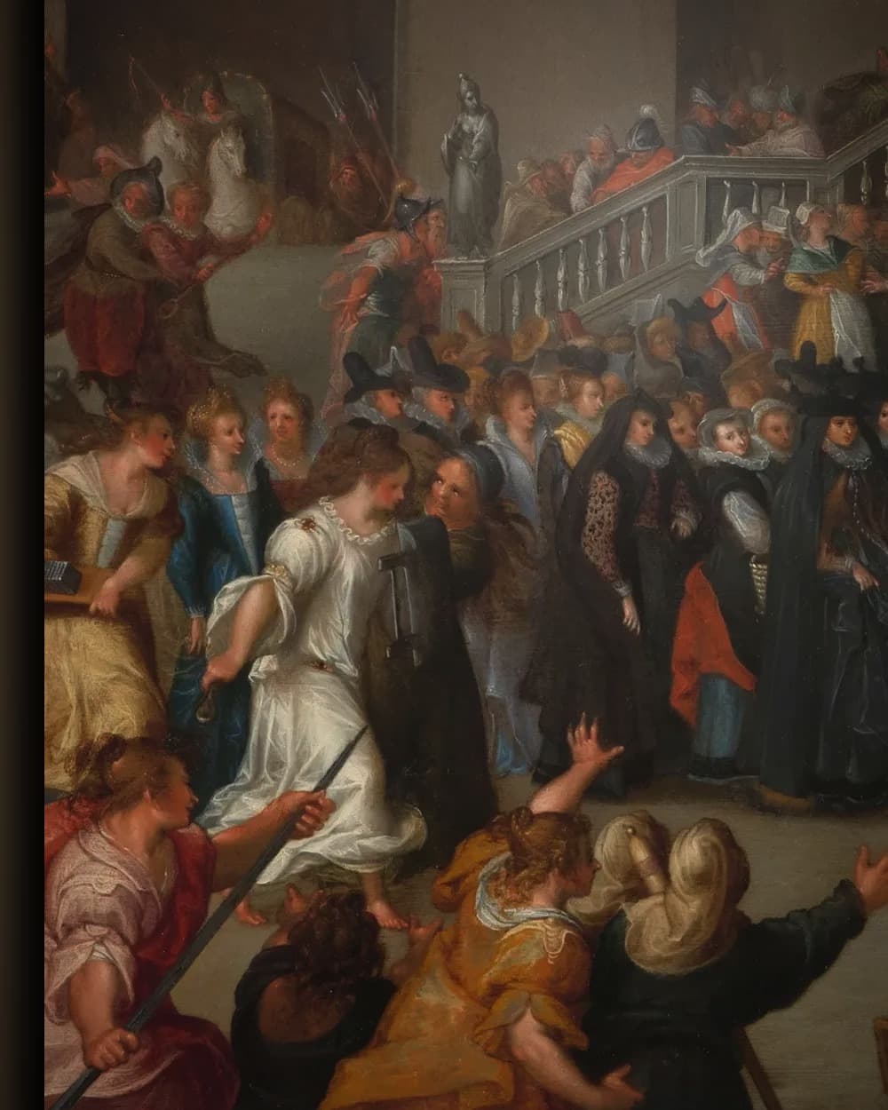 Materiaal en afwerking van De opstand van de vrouwen van Rome op het Capitool vanwege Papirius in het wisselframe