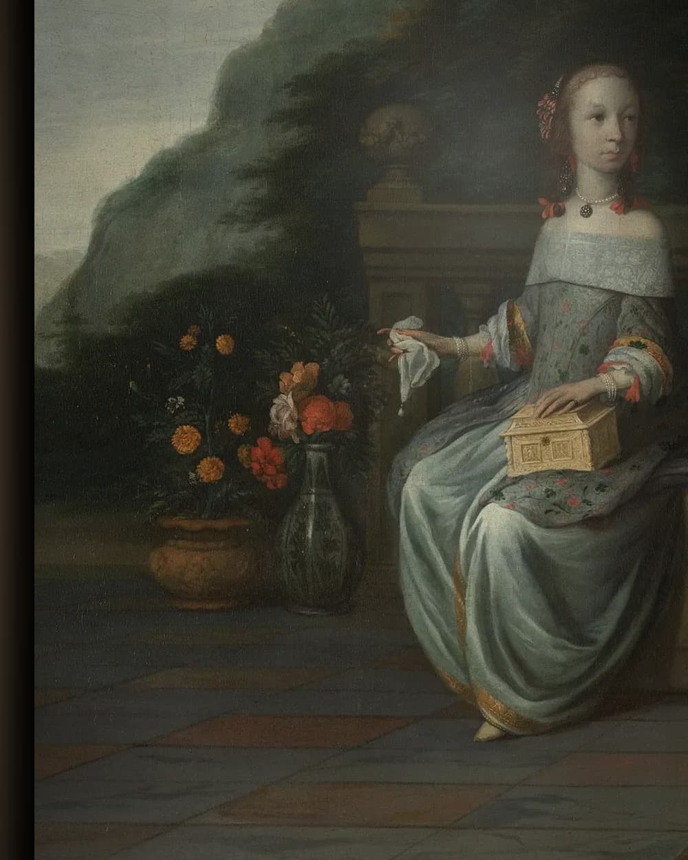 Materiaal en afwerking van Pieter Cnoll, Cornelia van Nijenrode, hun dochters en twee tot slaaf gemaakte bedienden in het wisselframe