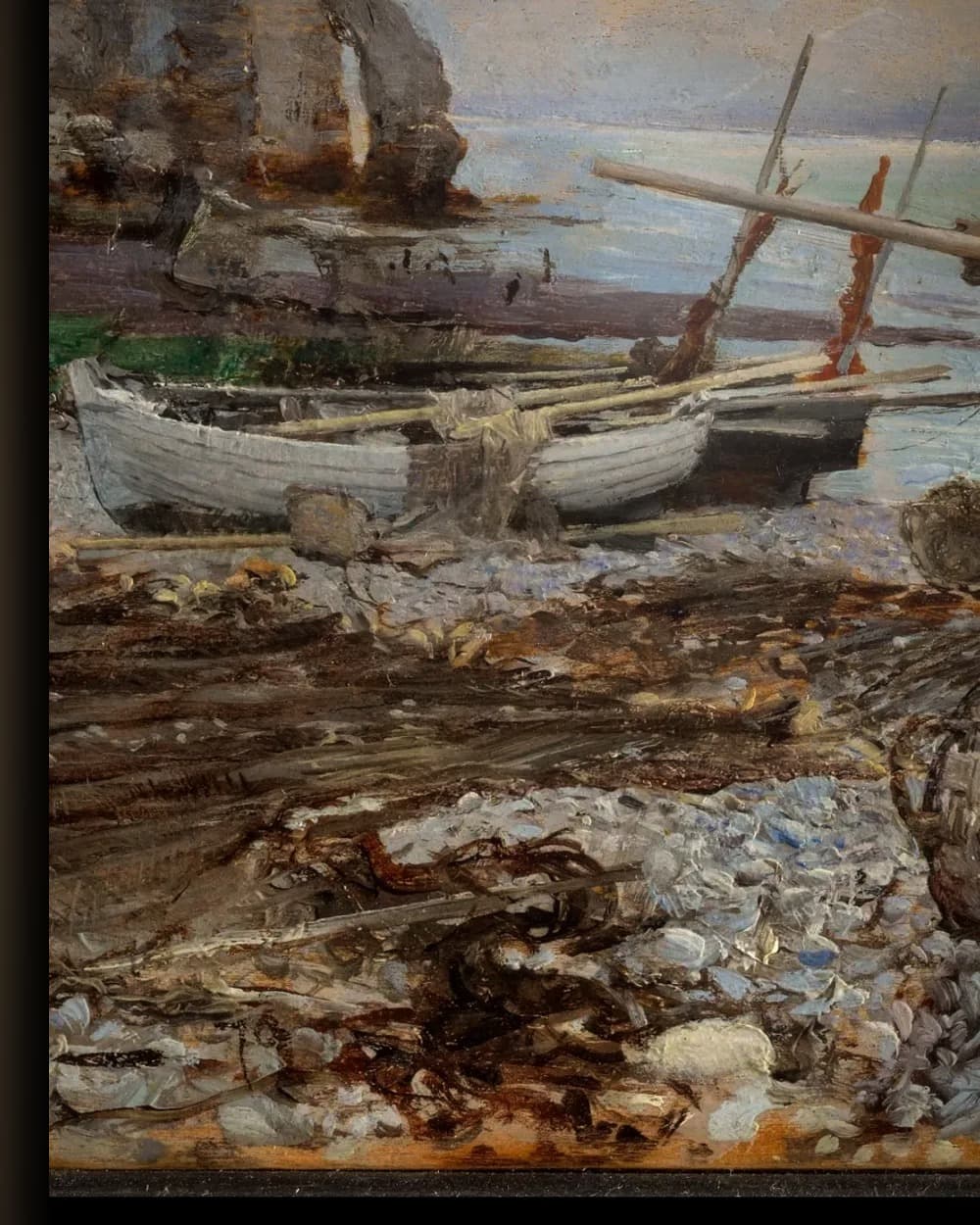 Materiaal en afwerking van Return of the Fishing Boats, Étretat (1879) in het wisselframe