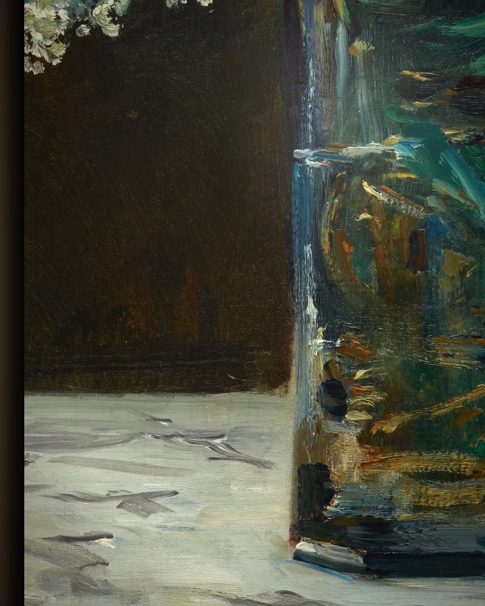 Materiaal en afwerking van Vaas met witte seringen en rozen in het wisselframe