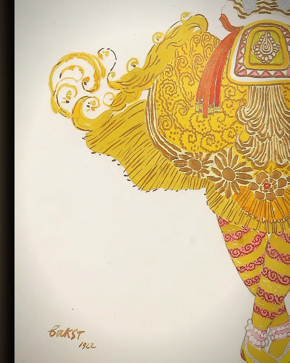 Materiaal en afwerking van Kostuumontwerp voor De Vuurvogel (Ballets Russes) in het wisselframe