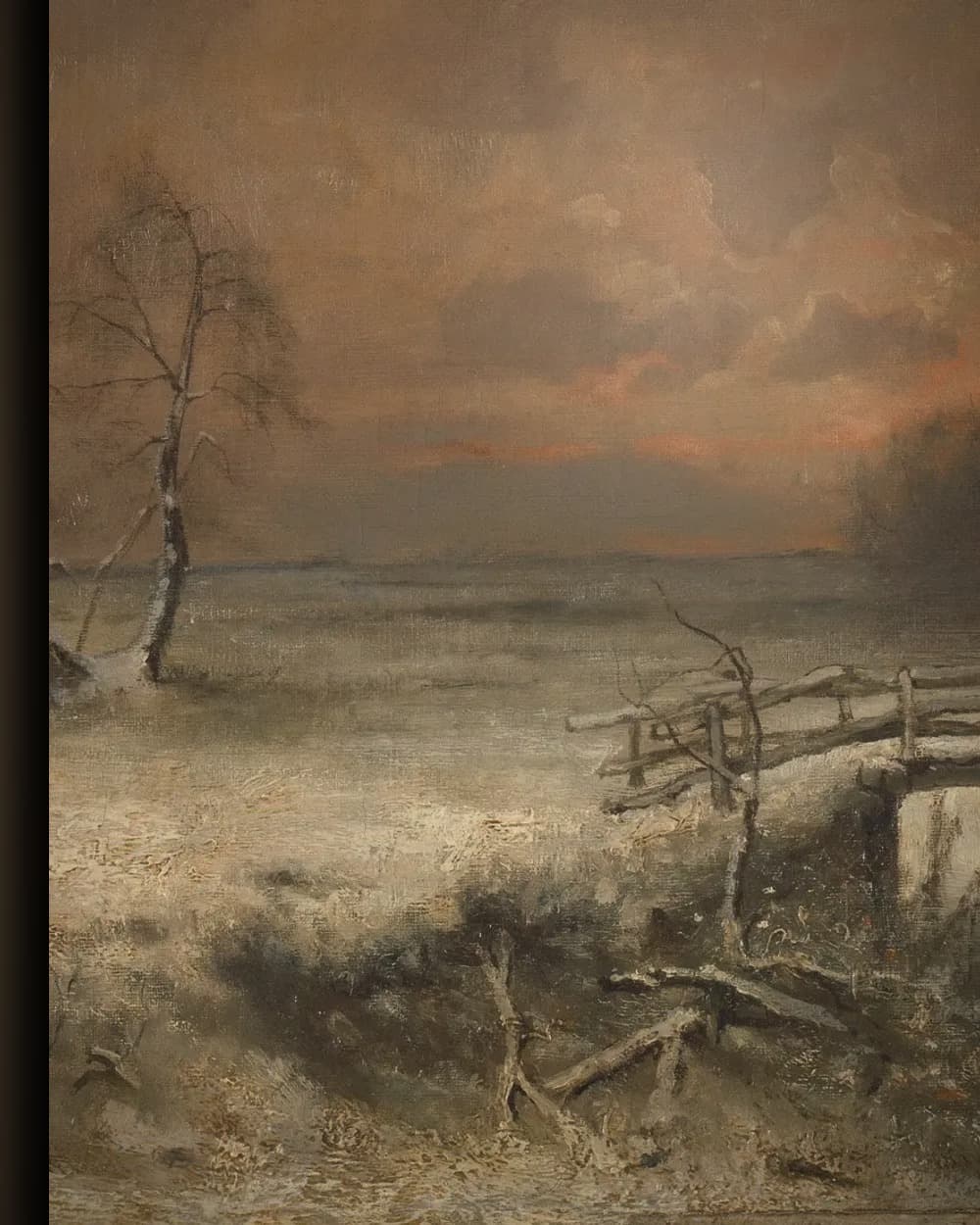Materiaal en afwerking van Wintergezicht met ondergaande zon tussen het geboomte in het wisselframe