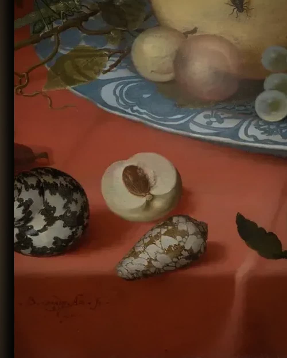 Materiaal en afwerking van Stilleven met fruit, schelpen en een tulp in het wisselframe