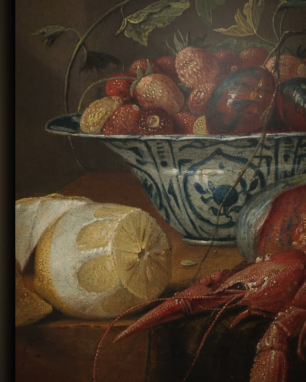 Materiaal en afwerking van Stilleven met rivierkreeft, oesters en fruit in het wisselframe