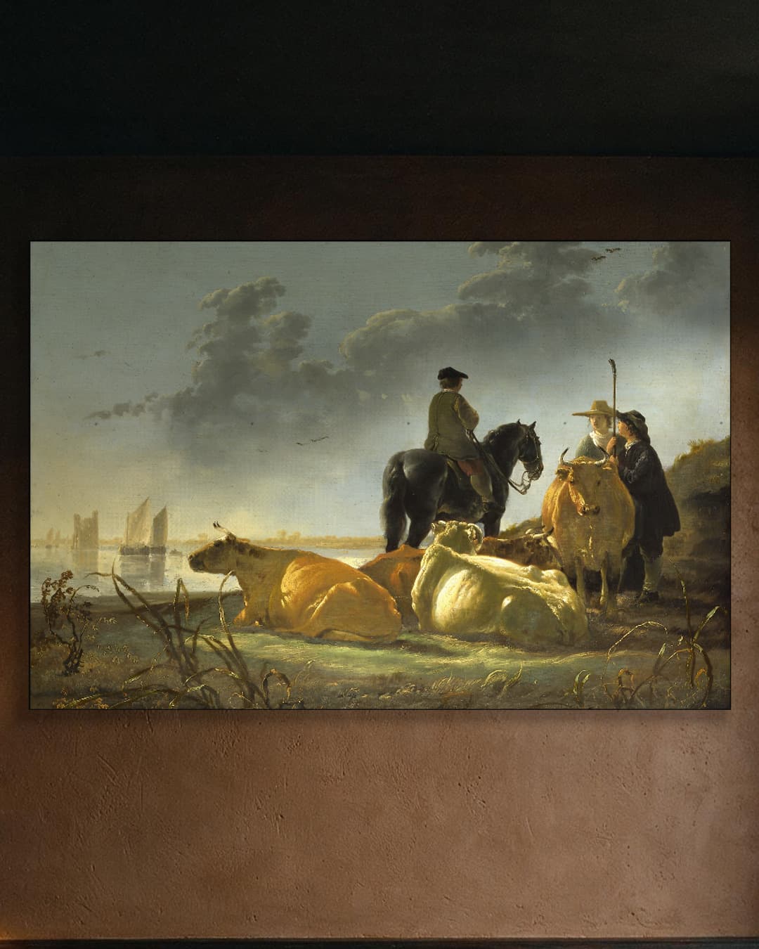 Boeren met vier koeien aan de Merwede aan de muur, kamer