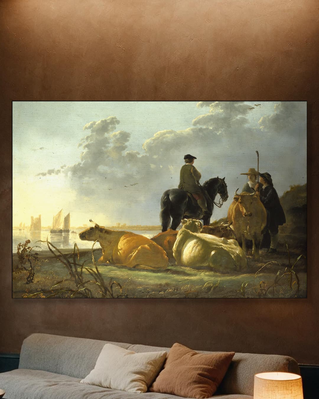 Boeren met vier koeien aan de Merwede aan de muur, kamer