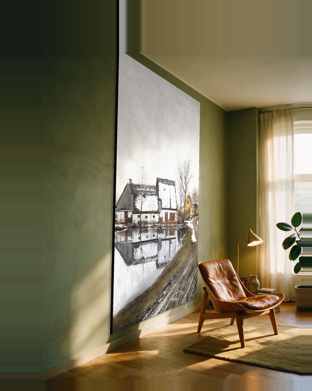 Winterdag bij dooi met spiegelende huizen aan de muur, kamer