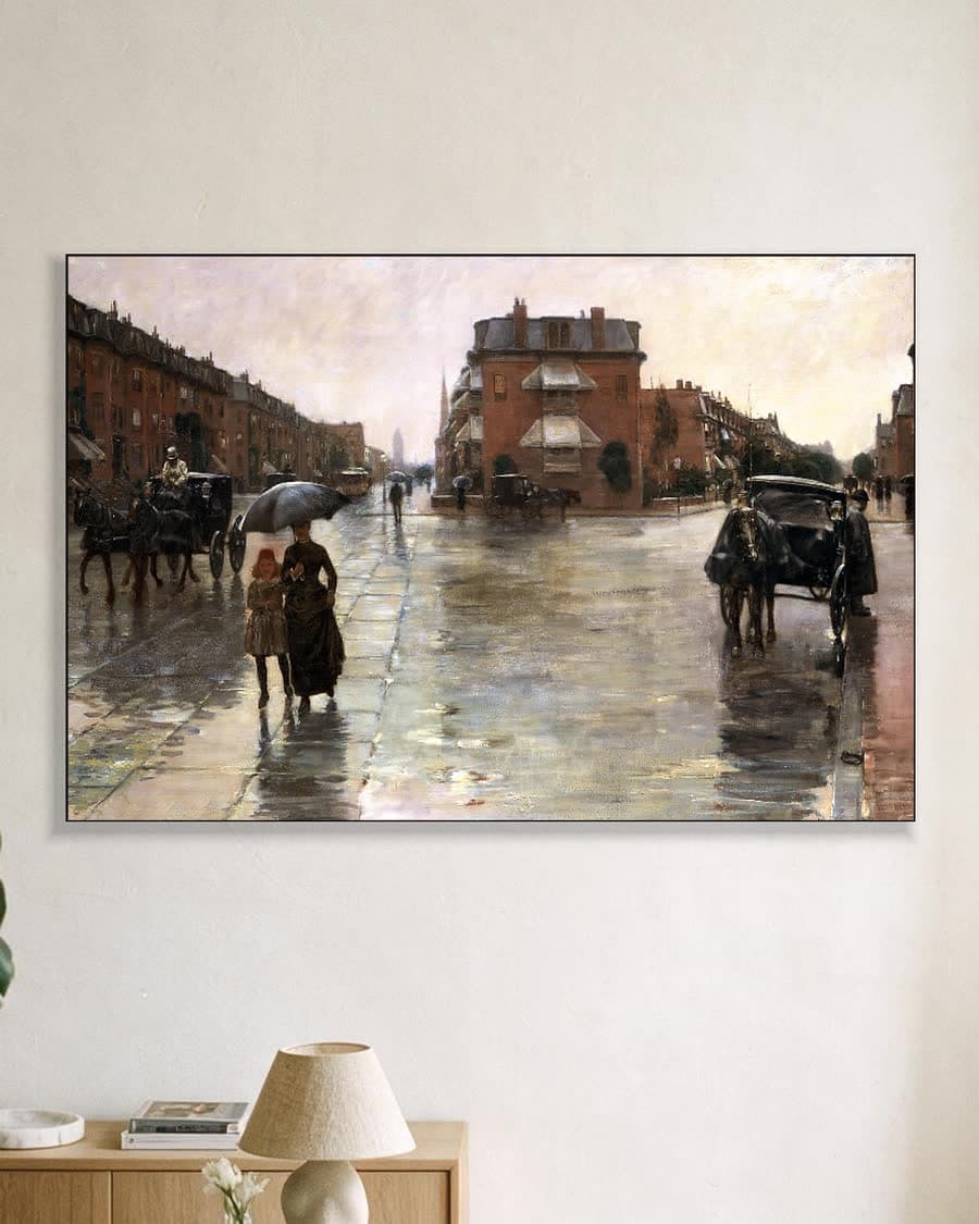 Regenachtige dag, Boston in een aluminium frame aan dezelfde muur