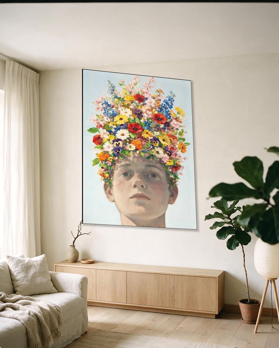 Kop van onderaf in een aluminium frame aan dezelfde muur