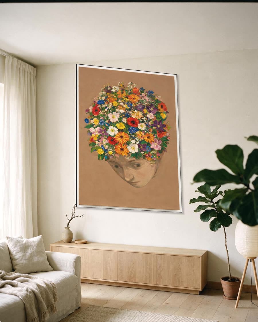 Gebogen hoofd in een aluminium frame aan dezelfde muur