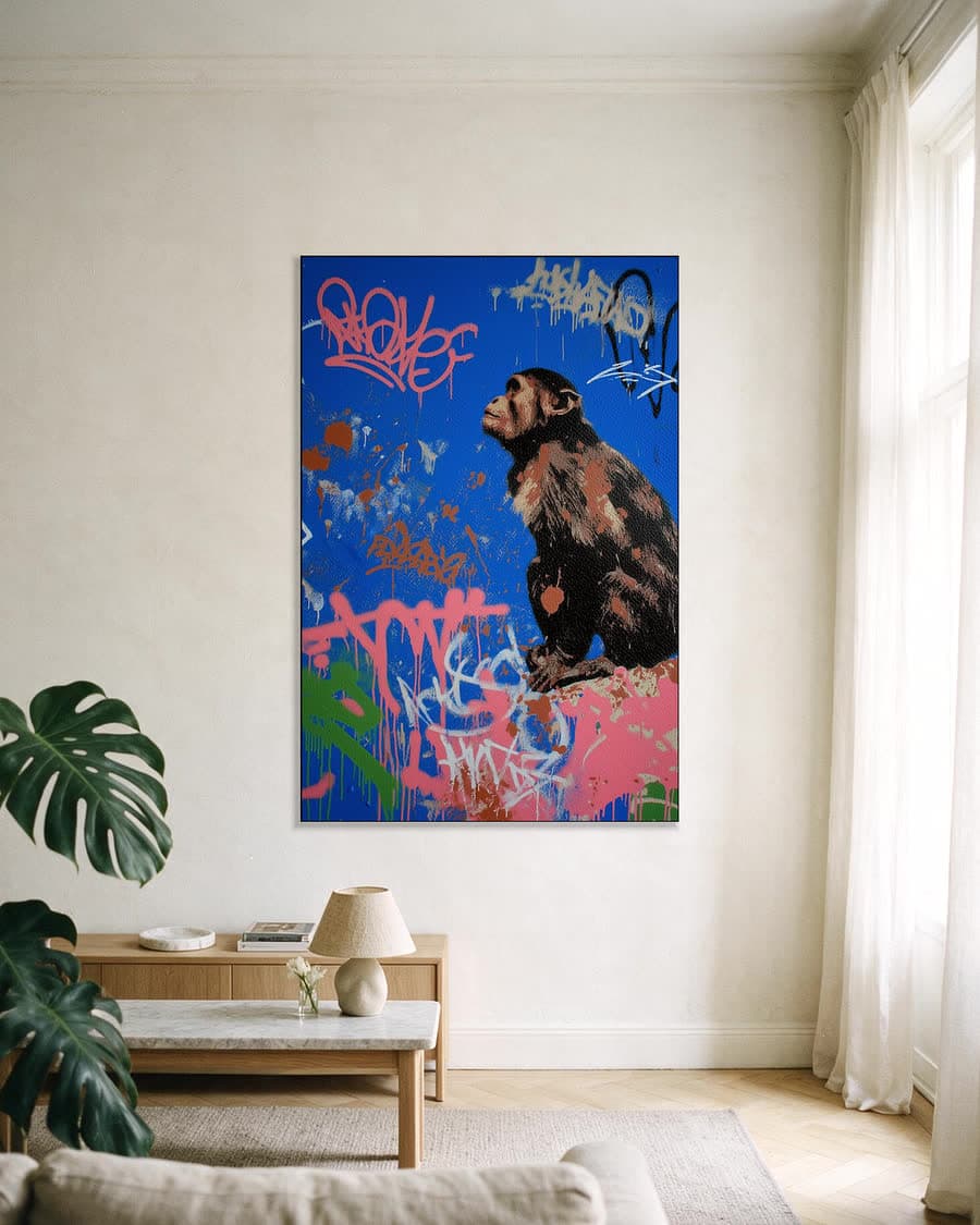 Aap op kobalt in een aluminium frame aan dezelfde muur