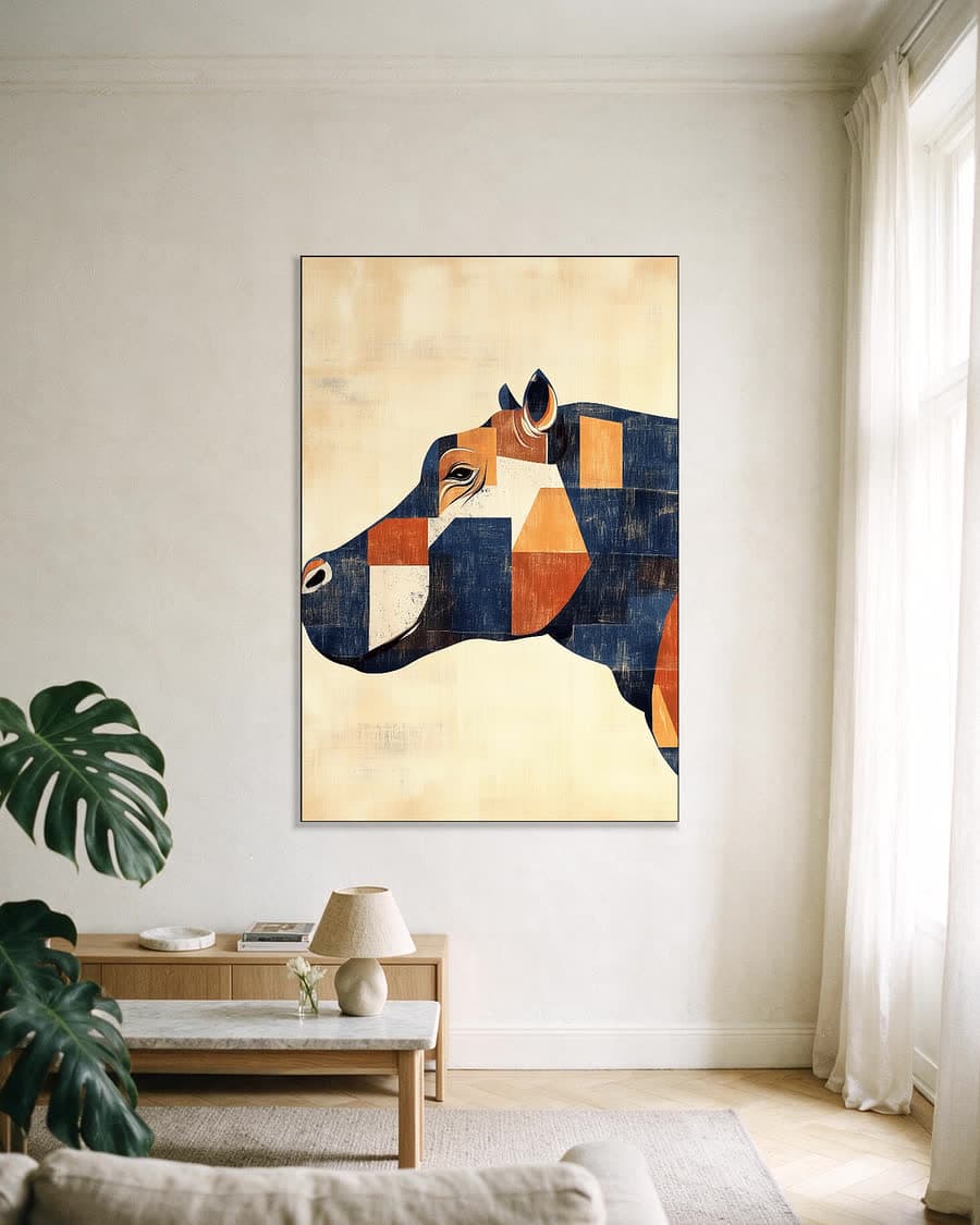 Buffel in vlakken in een aluminium frame aan dezelfde muur