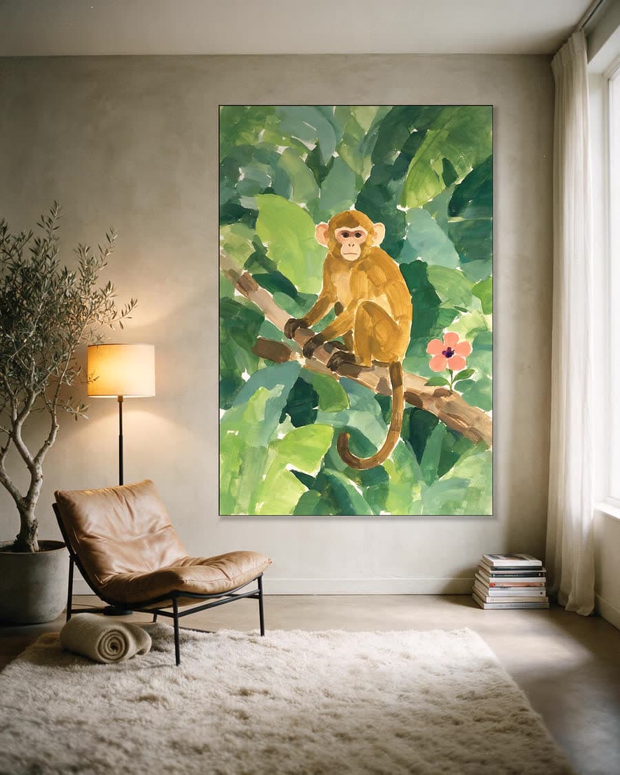 Aapje op een tak in een aluminium frame aan dezelfde muur