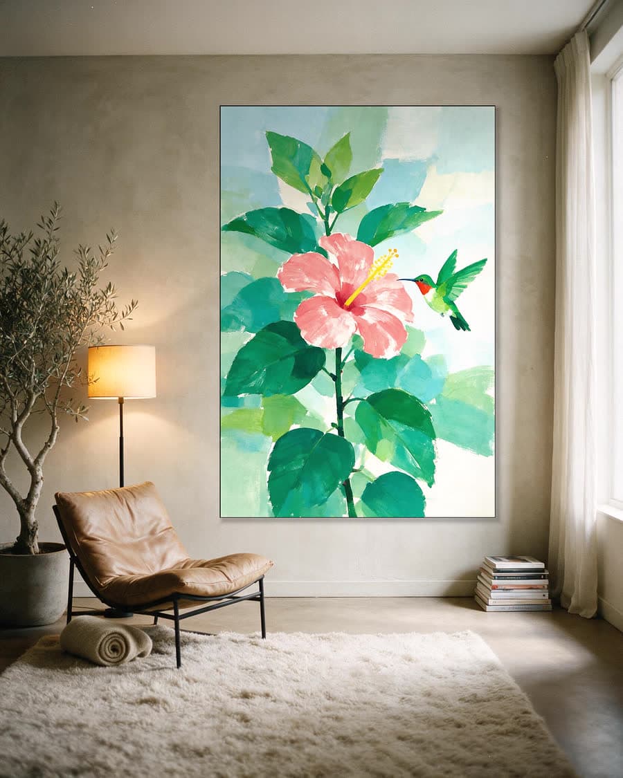 Kolibrie en hibiscus in een aluminium frame aan dezelfde muur