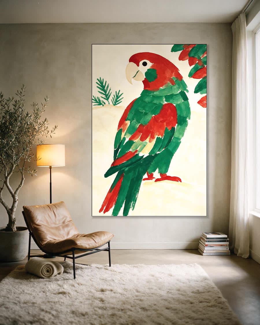 Papegaai op zand in een aluminium frame aan dezelfde muur