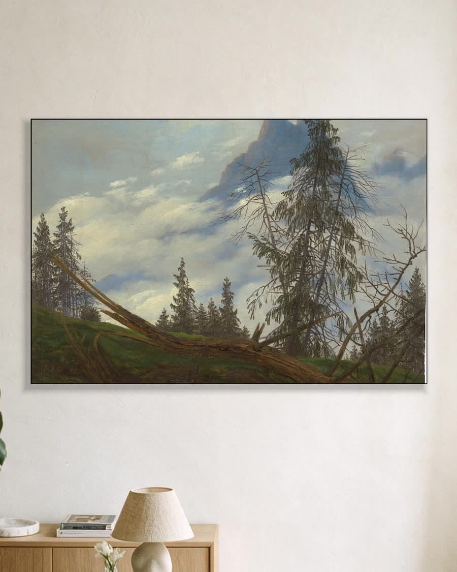 Berglandschap met omgevallen boom in een aluminium frame aan dezelfde muur