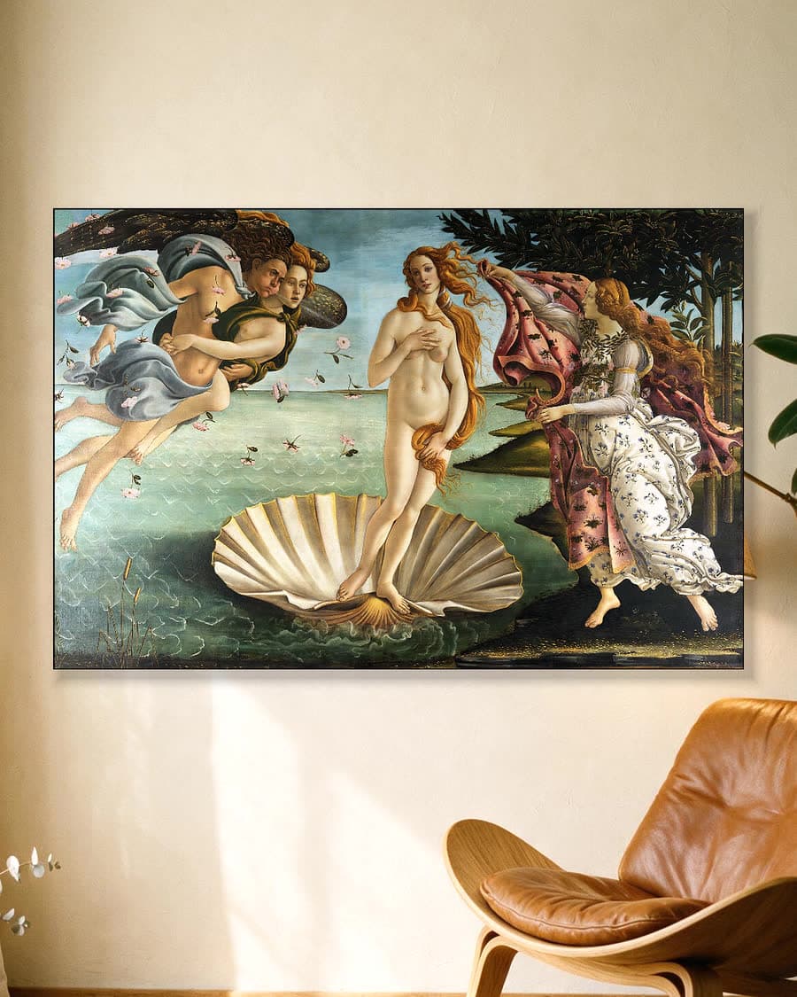 De geboorte van Venus in een aluminium frame aan dezelfde muur