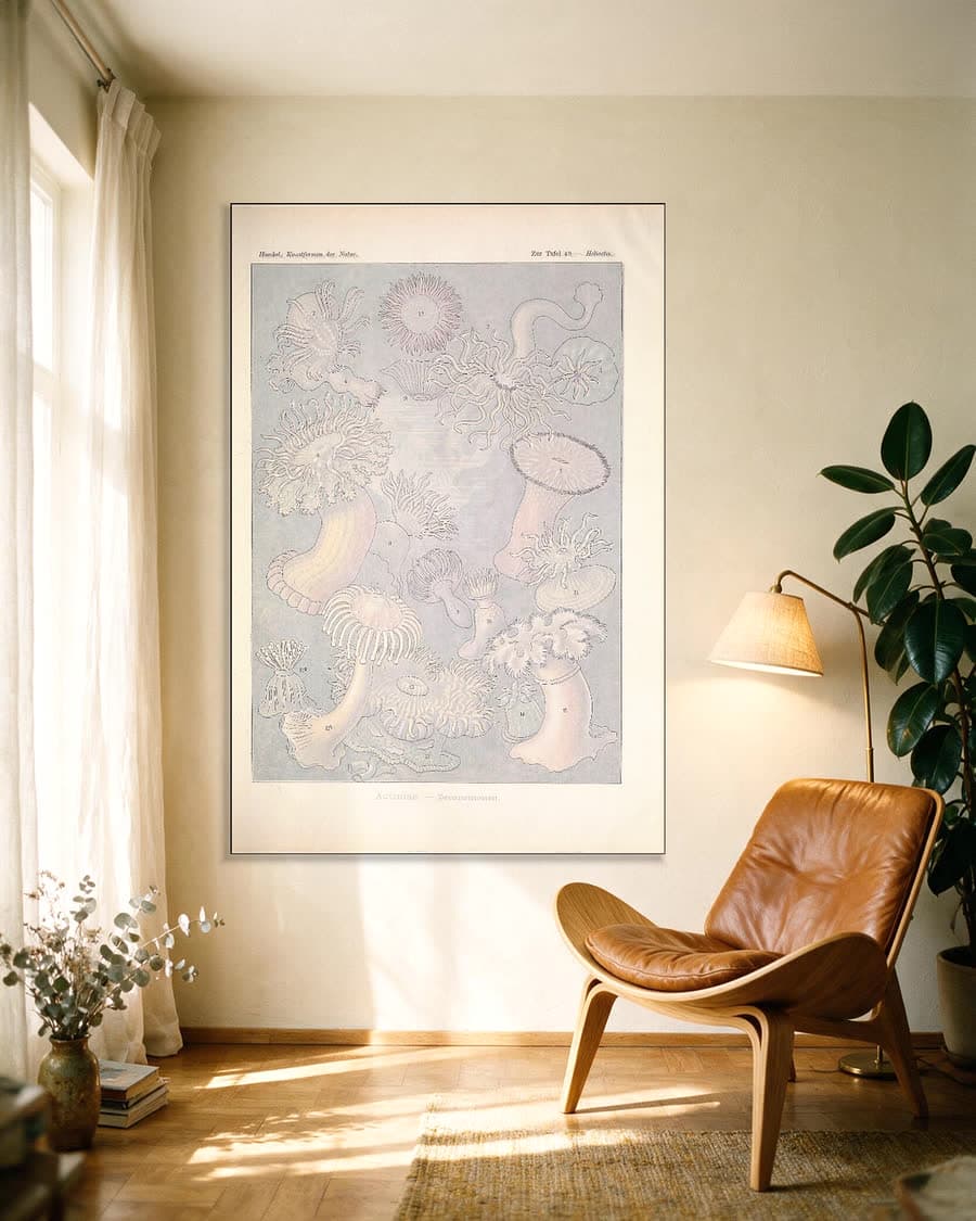 Actiniae (Kunstformen der Natur, plaat 49) in een aluminium frame aan dezelfde muur