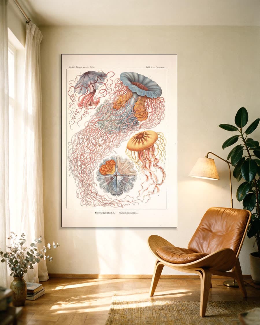 Discomedusae (Kunstformen der Natur, plaat 8) in een aluminium frame aan dezelfde muur