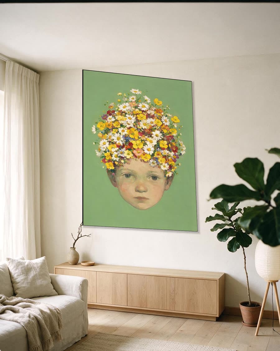 Kind met madelieven in een aluminium frame aan dezelfde muur