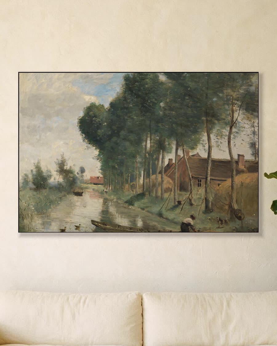 Dorpsgezicht aan het kanaal in een aluminium frame aan dezelfde muur