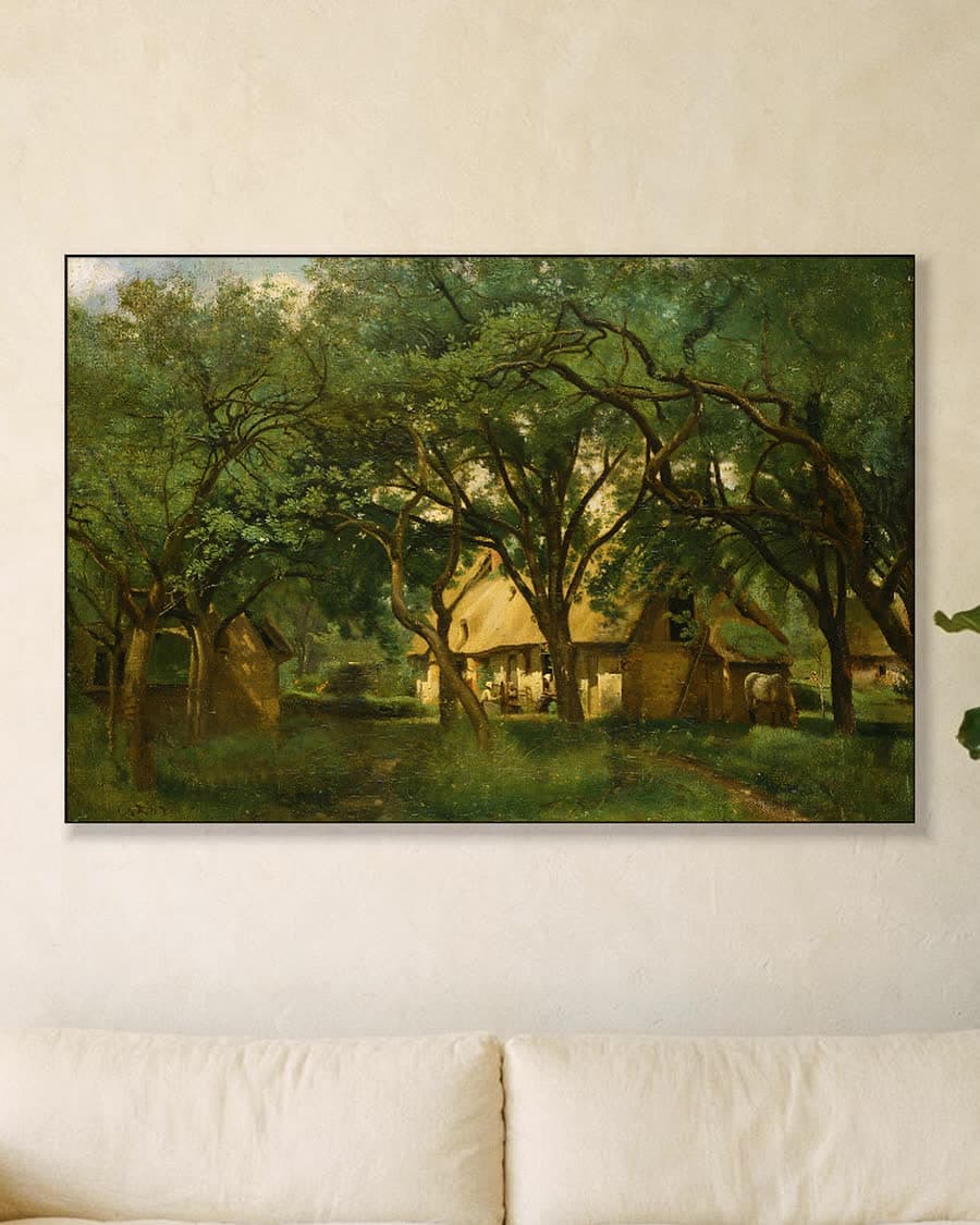 Landelijk tafereel onder de bomen in een aluminium frame aan dezelfde muur