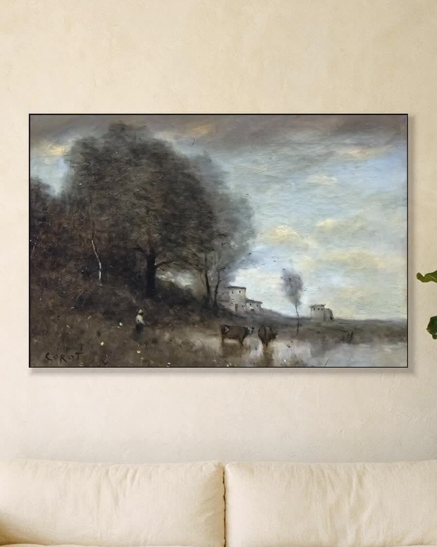 Rustiek landschap met vee in een aluminium frame aan dezelfde muur