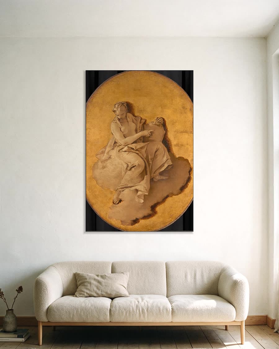 Allegorische vrouwenfiguur met een schild of spiegel (wellicht Voorzichtigheid) in een aluminium frame aan dezelfde muur