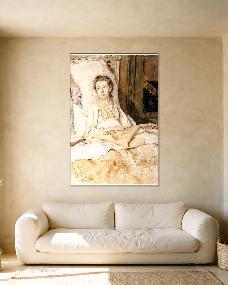 Maud aan het naaien in een aluminium frame aan dezelfde muur