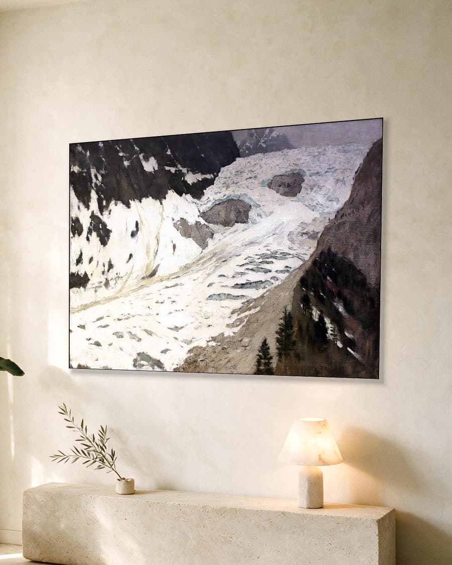 Alpenlandschap met Gletsjer in een aluminium frame aan dezelfde muur