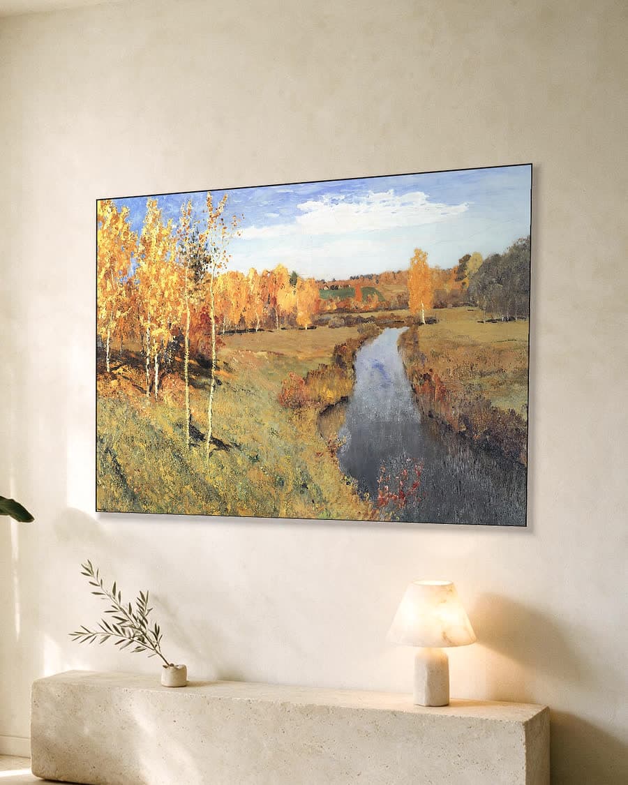 Gouden herfst aan de rivier in een aluminium frame aan dezelfde muur
