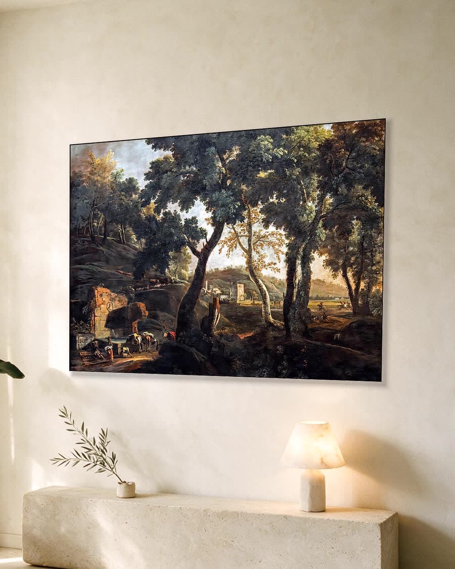 Boslandschap met reizigers en ruïnes in een aluminium frame aan dezelfde muur