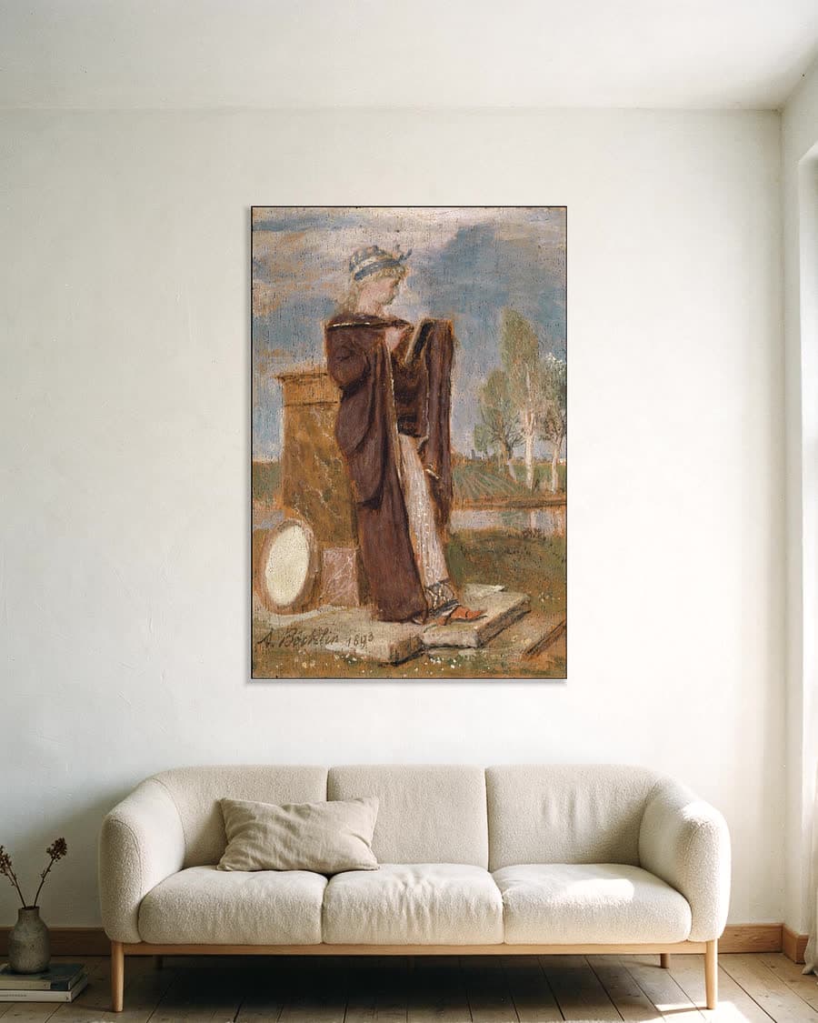 Contemplatieve figuur in landschap in een aluminium frame aan dezelfde muur