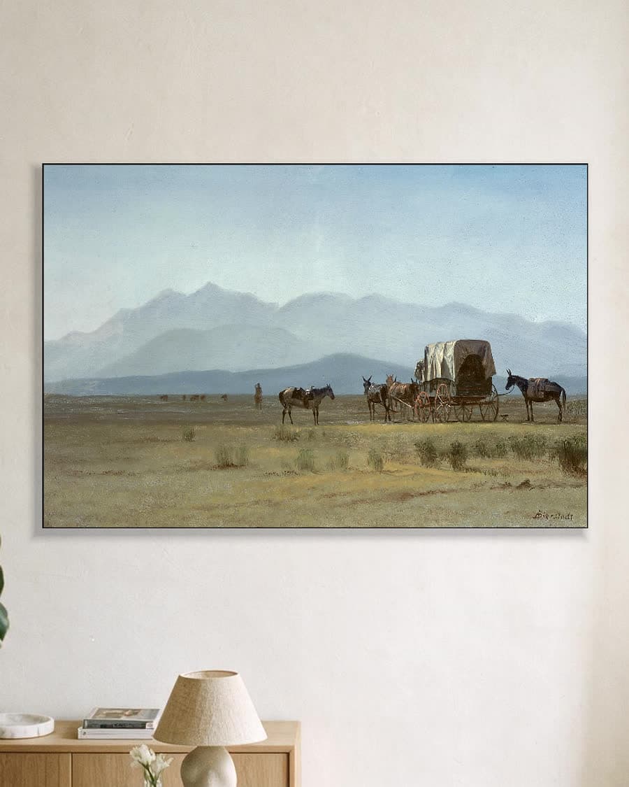 Wagen in de prairie in een aluminium frame aan dezelfde muur
