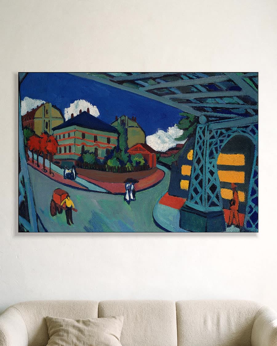 Spoorbrug aan de Löbtauer Strasse in Dresden in een aluminium frame aan dezelfde muur