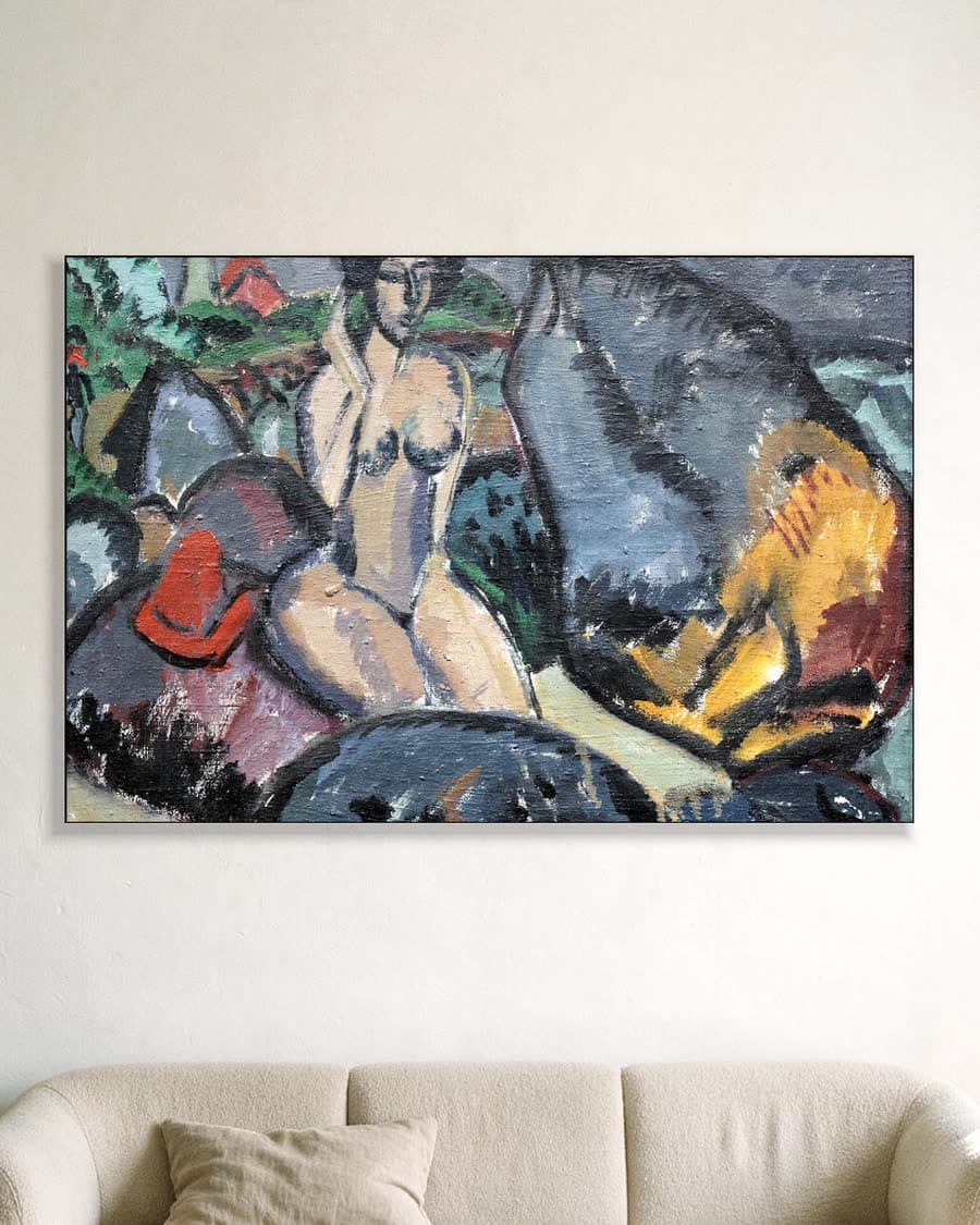 Badende tussen de rotsen in een aluminium frame aan dezelfde muur