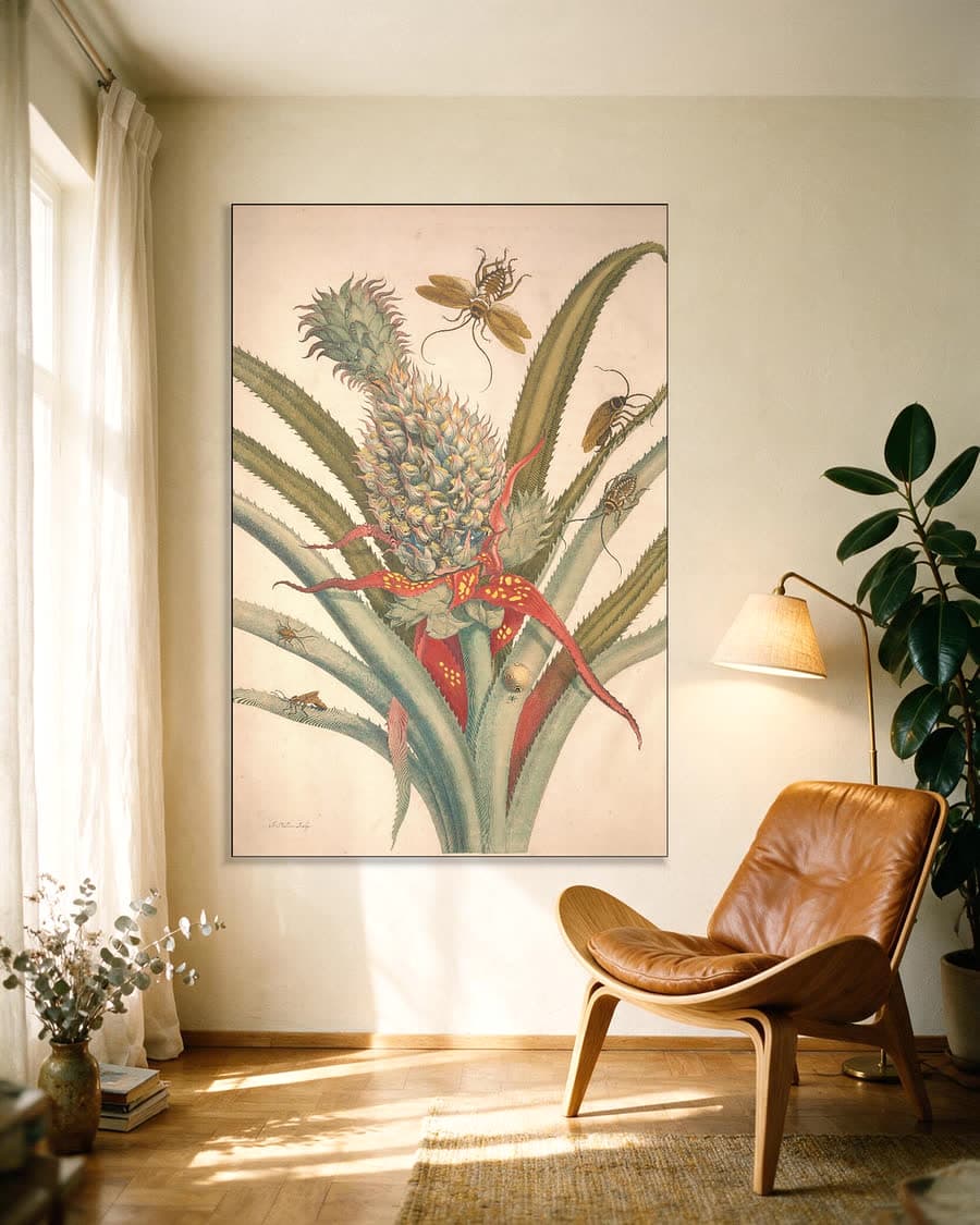 Ananas met kakkerlakken (Metamorphosis, plaat 1/2) in een aluminium frame aan dezelfde muur